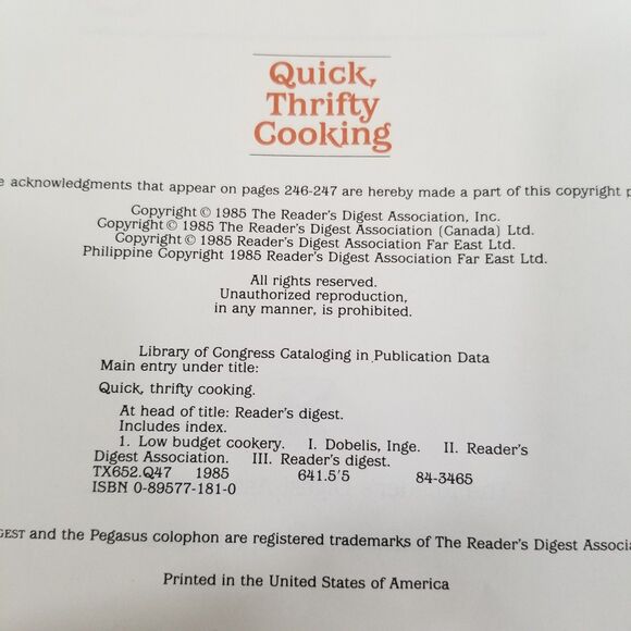 Readers Digest quick thrifty cooking hardcover bound cookbook 1985 - Picture 10 of 10